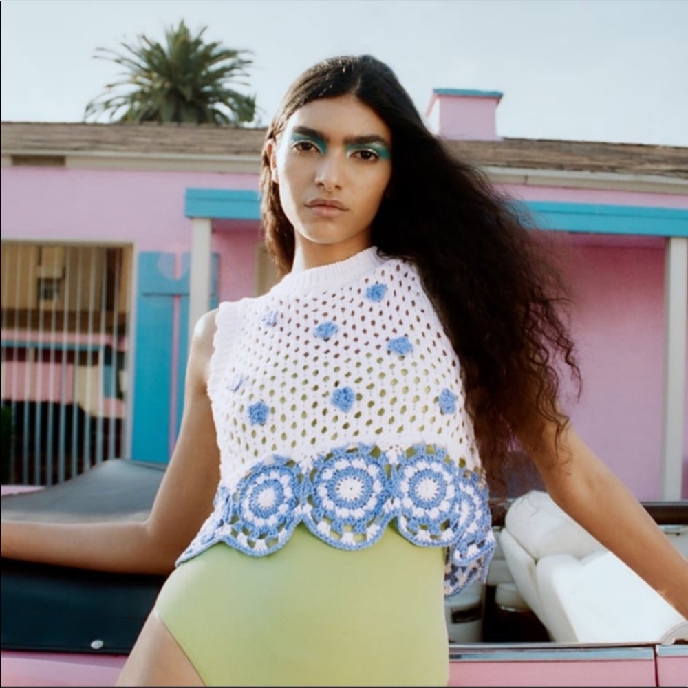 Zara White and Blue Crochet Top
